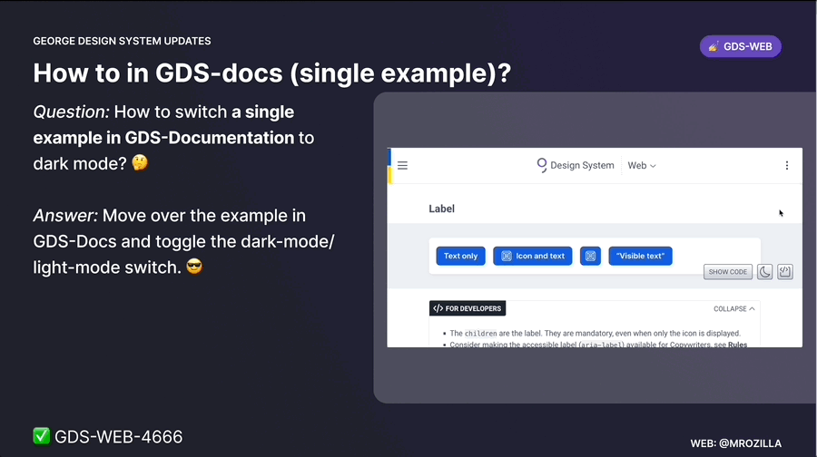 Explanation on how to switch to dark mode in a single GDS-Docs examples