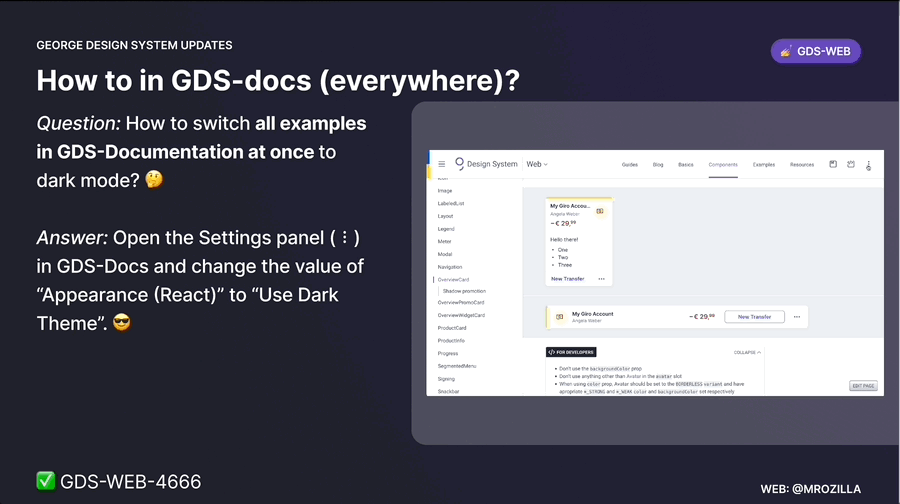 Explanation on how to switch to dark mode in all of GDS-Docs examples