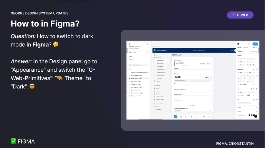 Explanation on how to switch to dark mode in Figma